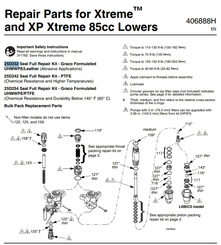 Ремкомплект насоса GRACO XTREME 85CC