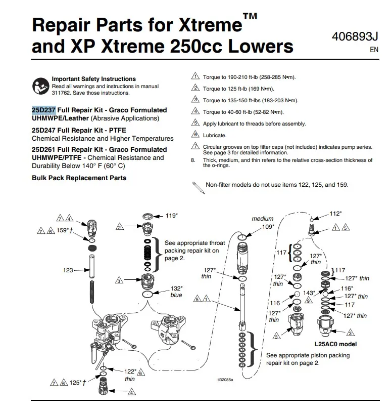 Ремкомплект насоса GRACO XTREME 250CC