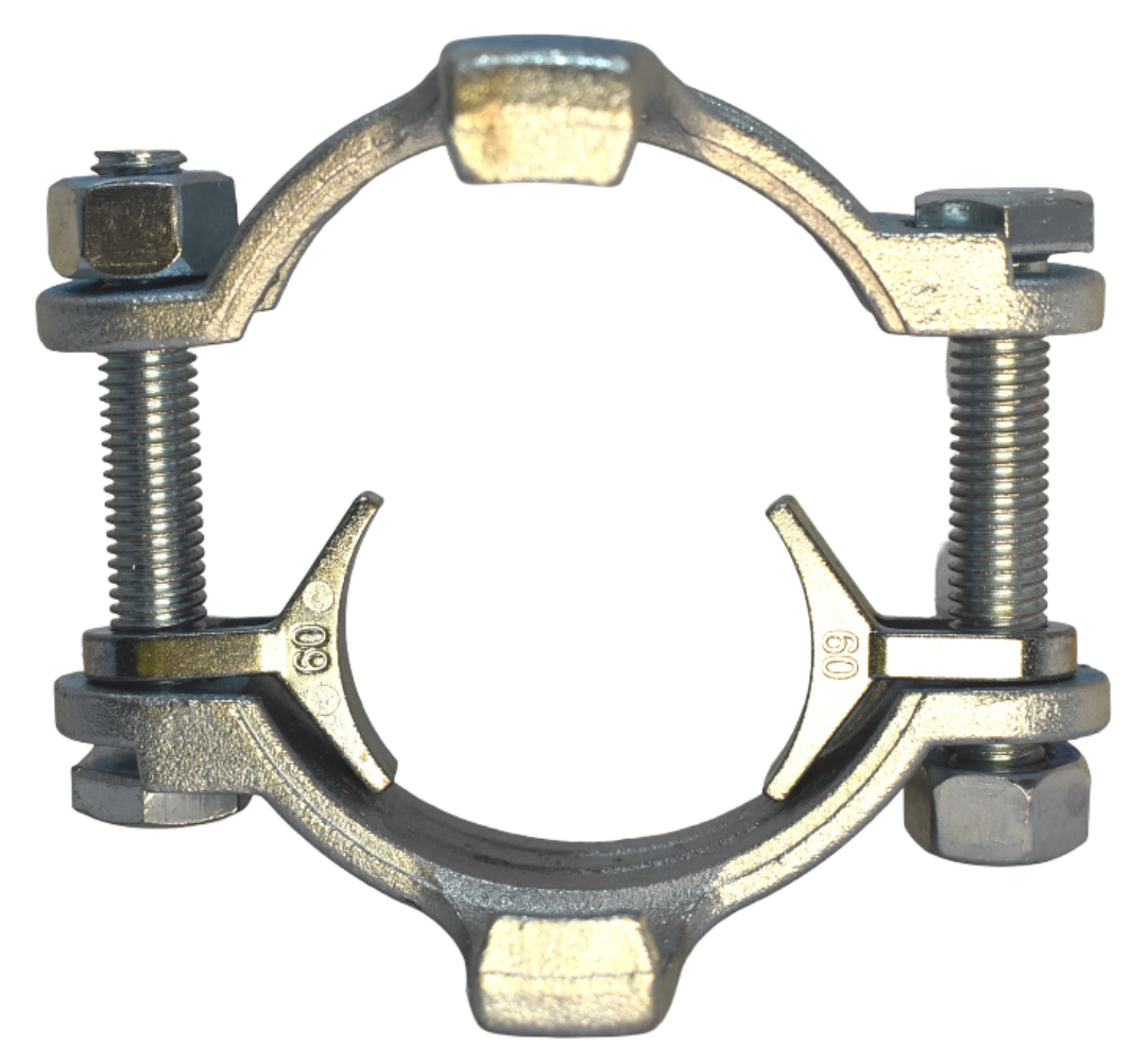 Хомут силовой двухболтовый сталь SK 60 с фиксаторами (48-60мм)