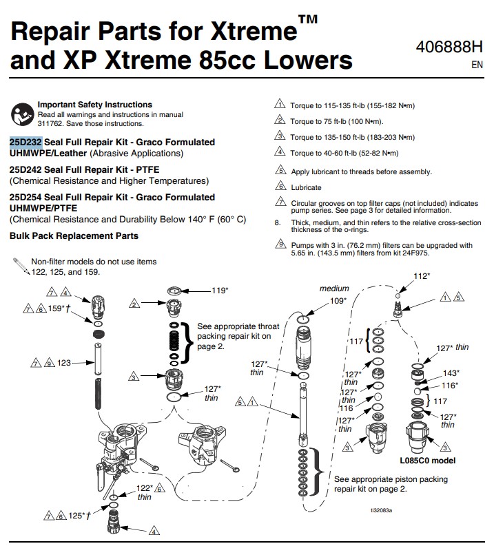 Ремкомплект насоса GRACO XTREME 85CC