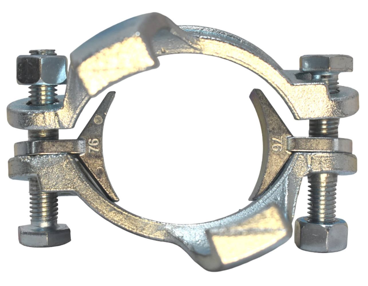 Хомут силовой двухболтовый сталь SK 76 с фиксаторами (60-76мм)