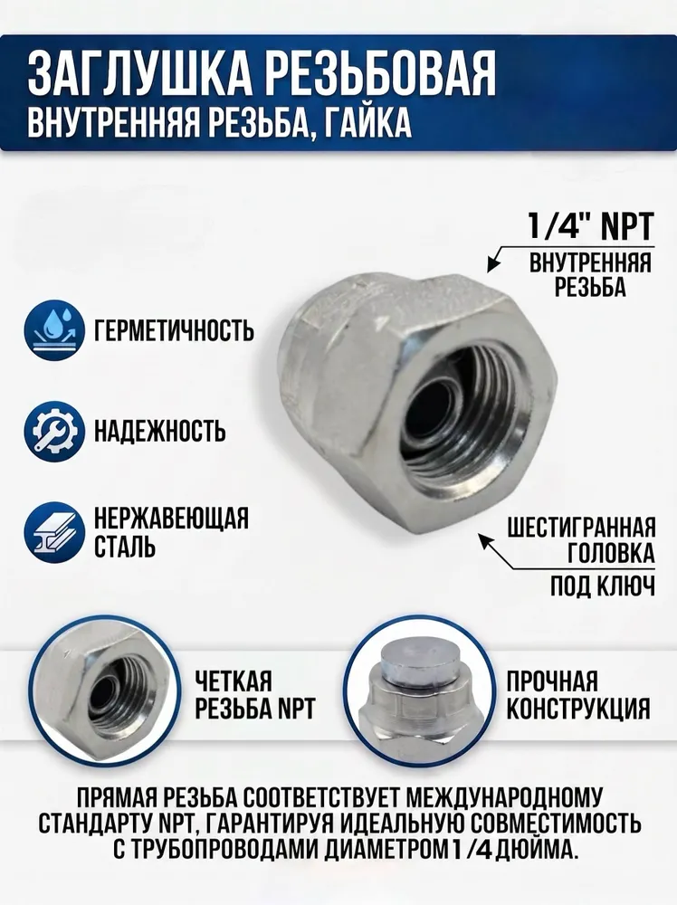 Заглушка резьбовая NPT 1/4 с внутренней резьбой, гайка