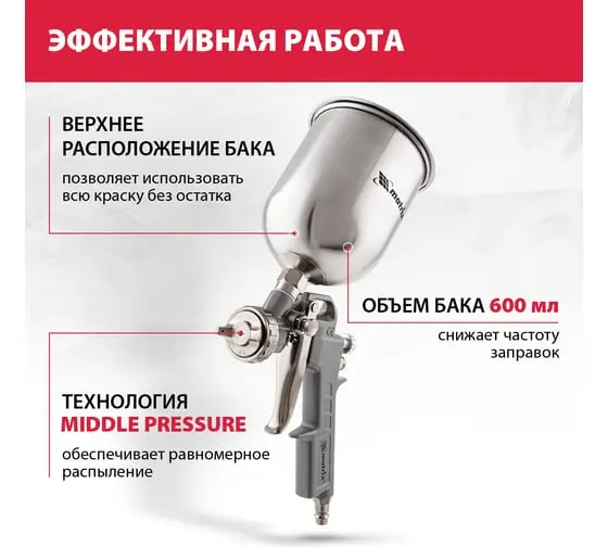 Пистолет краскораспылитель с верхним бачком V=0,6л